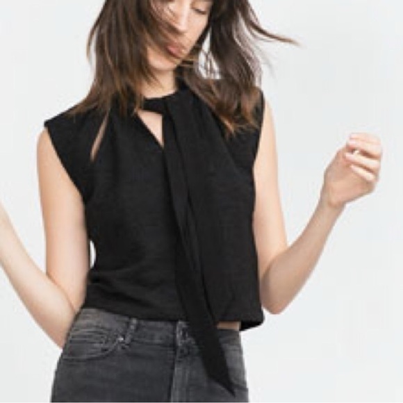 BLACK ZARA TIE NECK TOP WITH ASYMMETRICAL CUT M - Picture 1 of 6